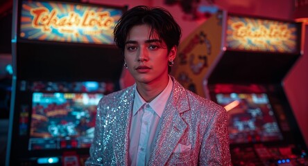Fashionable Asian male with shimmering body suit and chrome face piercings standing in retro neon lit arcade