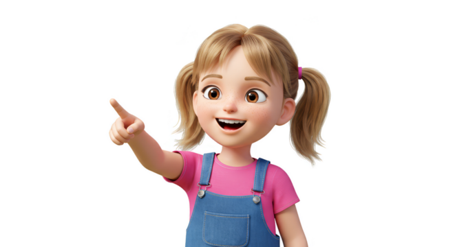 Cute Girl Pointing Illustration In Transparent Background With Pigtails