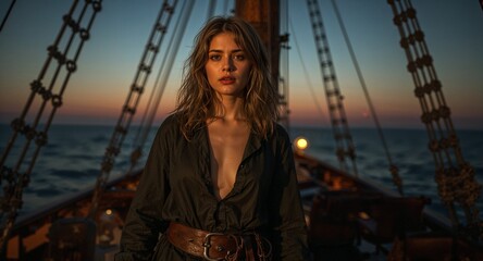 Golden haired pirate queen in torn blouse standing on medieval ship deck at dusk
