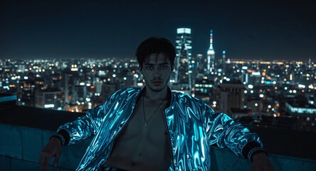 Green eyed guy in open holographic jacket lounging on rooftop overlooking neon megacity skyline