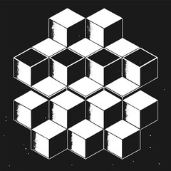 Geometric cube illustration black and white digital art with textured lines and abstract shapes