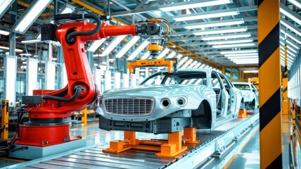 A robotic arm meticulously works on a car body frame along an automated assembly line in a modern, brightly lit automotive manufacturing plant.