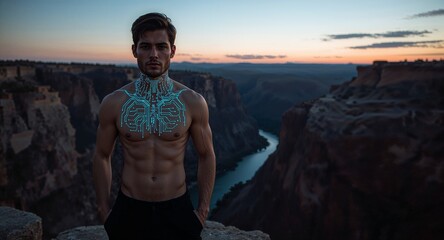 Handsome shirtless model with chrome neck circuitry standing on edge of digital canyon at dusk