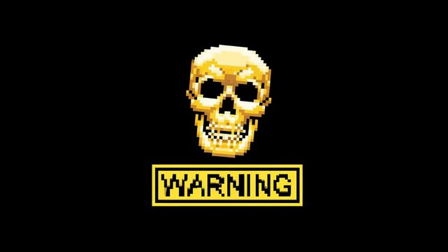 Pixel art golden skull with warning sign on black background symbolizing danger alert and caution message
