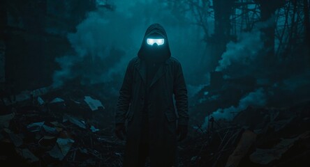 Mysterious man in hooded trench and light up visor standing by steam vents in digital junkyard