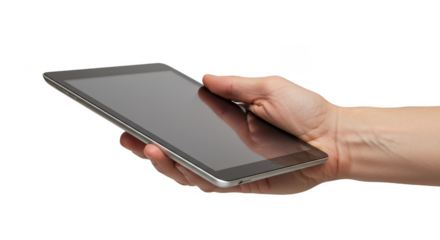 Hand Holding Black Tablet Device on Transparent Background PNG