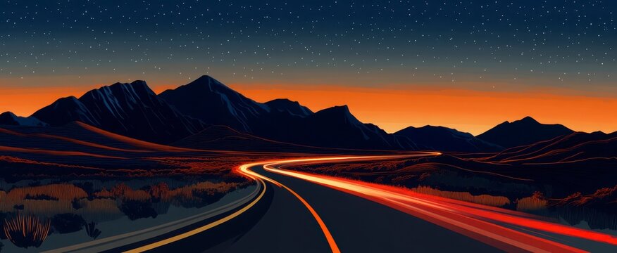 Pixelated Road Winding Through Mountains Under Night Sky