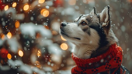 Christmas themed image of husky wearing sweater under glowing tree lights