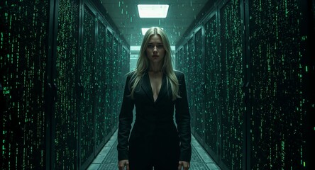 Virtual Blonde Muse in Code Matrix Jumpsuit Inside Giant Server Cathedral