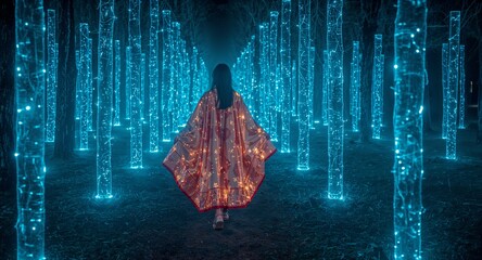 Voluptuous woman in glowing sari inspired cape and cyber sandals walking through electric forest of light pillars