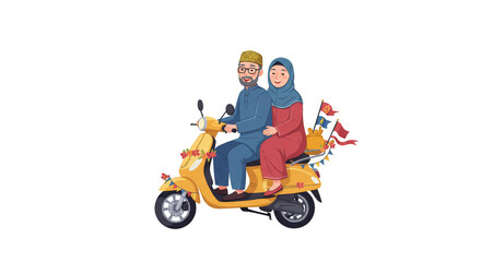 Illustration Couple Riding Yellow Scooter With Helmets and Muslim Veils