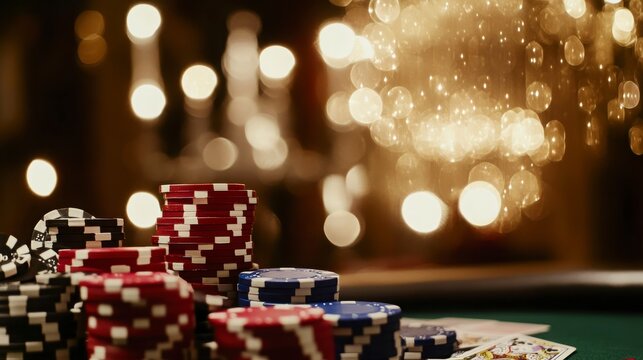 Poker Chips and Cards on a Green Felt Table at Night with Warm Golden Bokeh Lights