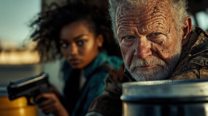 A gripping scene featuring a serious man and a woman holding a gun, conveying tension and urgency as they prepare for what lies ahead in their environment.
