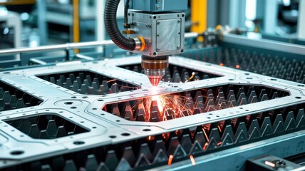  Industrial CNC laser cutting machine slicing through sheet metal with high precision, creating bright sparks in a modern factory setting.