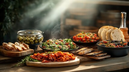 An inviting display of Mediterranean cuisine featuring vibrant salads, bread, olives, and grilled meats, showcasing the beauty and diversity of healthy eating.