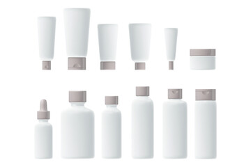 Cosmetic product packaging mockup set, lotion bottle, cream jar, serum dropper, cream tube, clean white plastic, light gray glowing flip top cap. Beauty spa pack isolated, transparent background.