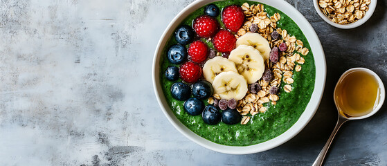 Green Smoothie Bowl Topped with Fresh Berries, Banana Slices, and Granola