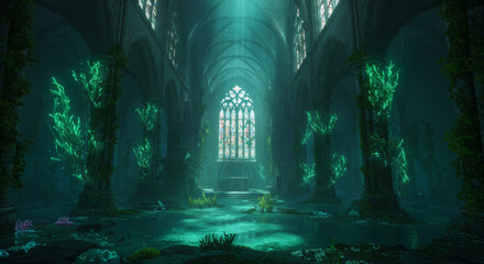 Submerged Cathedral An Immersive Digital Render of Underwater Gothic Architecture