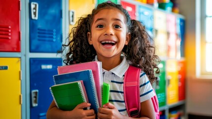 A happy elementary school girl smiles brightly while holding notebooks and wearing a backpack by colorful lockers in the hallway.