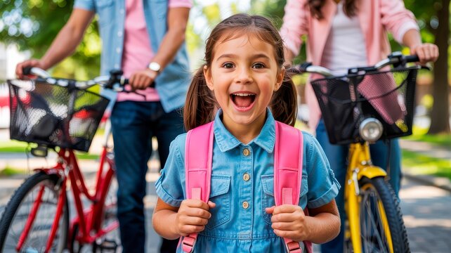A happy young girl with a backpack smiles excitedly outdoors. Her parents are behind her with bicycles, commuting to school together. - Powered by Adobe