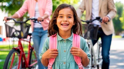A happy young girl with a backpack smiles excitedly outdoors. Her parents are behind her with bicycles, commuting to school together.