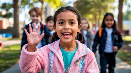 A joyful elementary school girl with a big smile waves hello, excited for school. Other children are blurred in the background, walking on a sunny path.