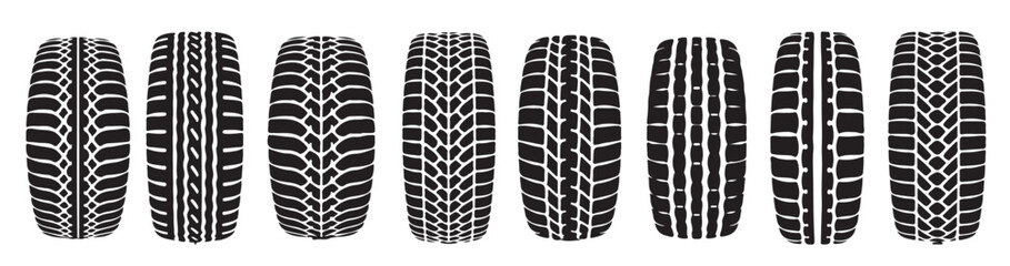 Collection of diverse tire tracks isolated on white background showing different tread patterns from various vehicles, including off-road, bicycle, motorcycle, and heavy-duty truck tires