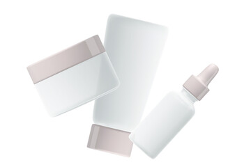 Cosmetic product packaging mockup, cream tube, cream jar, serum dropper, floating design, clean white mat clear glass, nude gray, beige glowing cap. Beauty spa pack isolated, transparent background.
