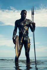 Powerful Warrior in Body Paint Holds Spear and Shield in Coastal Waters