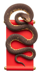 Obraz premium Illustration Coiled Brown Snake on Red Scroll with Transparent Backdrop