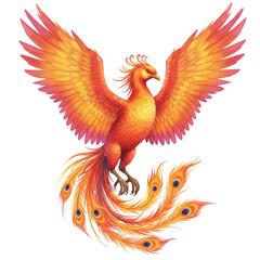 Obraz premium Illustration Fiery Phoenix Bird Wings Flying on Transparent Background