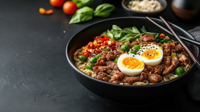 A tempting bowl of noodles topped with succulent meat, vibrant greens, and perfectly cooked eggs captures the heart of culinary artistry and gastronomic delight in Asian cuisine.