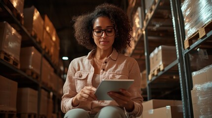 A woman in a warehouse is sitting with a tablet, showcasing her focus and professionalism in a busy environment, highlighting the importance of technology in modern workspaces.