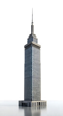 Sleek spired skyscraper with glass facade on white reflective surface.









