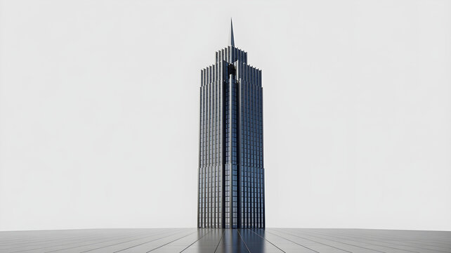 Sleek spired skyscraper with glass facade on white reflective surface.









