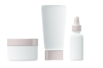 Cosmetic 3D render product packaging mockup set, lotion tube, cream jar, serum bottle, clean white plastic, light gray glowing flip top cap. Beauty pack isolated, transparent background.
