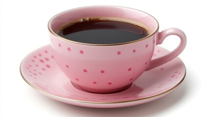 Pink polka-dotted coffee cup with a saucer. Dark coffee fills the cup