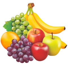 Fresh assorted fruits including bananas, grapes, apples, and oranges create vibrant display