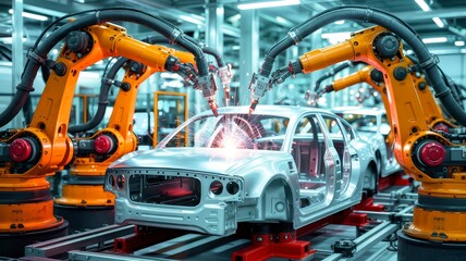 Sparking robotic arms precisely weld car bodies on an assembly line in a modern, high-tech factory, showcasing automated manufacturing excellence.
