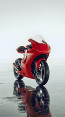 Fototapeta premium Solid red racing motorcycle with aerodynamic design on reflective white background.