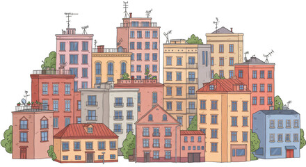 Fototapeta premium Illustration of a Colourful Cityscape with Houses and Buildings