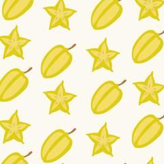 Seamless pattern with hand drawn starfruit. Tropical  wallpaper for kitchen, packaging, textiles, wrapping paper.