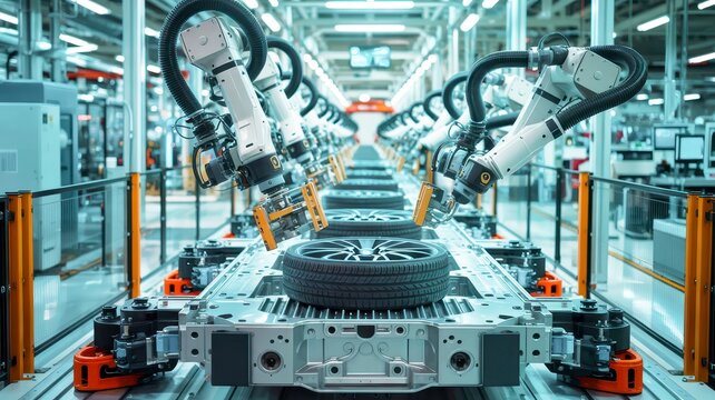 Automated robotic arms work on a conveyor belt, assembling car wheels and tires in a modern high-tech automotive manufacturing facility.