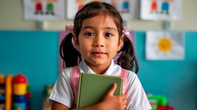 A cute elementary school girl in uniform holds a green book, looking at the camera in her classroom. Back to school and education concept.