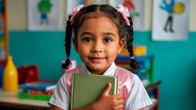 A cute elementary school girl in uniform holds a green book, looking at the camera in her classroom. Back to school and education concept.