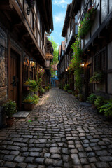 Obraz premium A picturesque cobblestone alleyway flanked by charming, blooming plants and traditional timber-framed houses.