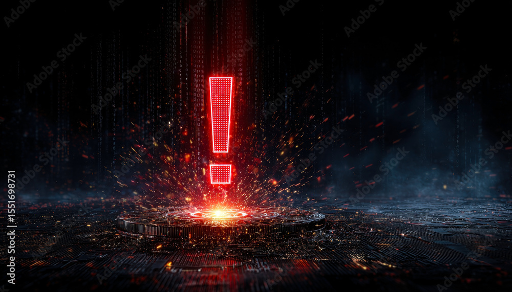 Poster a striking visual depicting a glowing red exclamation mark surrounded by a burst of sparks, symboliz