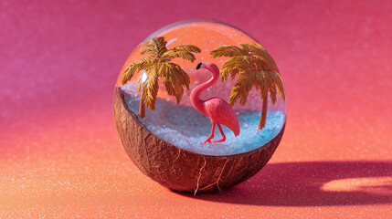 Colorful, conceptual summer collage with coconut disco ball and flamingo on coral background. Space for your text.

