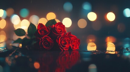 Roses In The Rain At Night, City Lights Bokeh