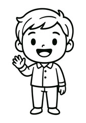 Cartoon Boy Waving Hello, Black and White Illustration